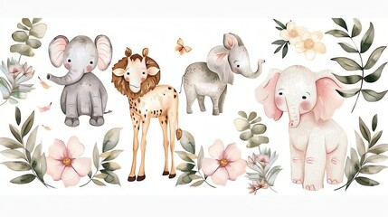 Elegant safari baby shower elements set with pastelcolored animals, botanical illustrations, and customized party invitations