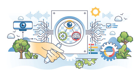 AI image recognition and artificial picture detection outline hands concept. Intelligence software with ability to identify and analyzing generated images vector illustration. Biometric detection.