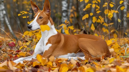 Wall Mural -  A brown-and-white dog lies atop a mound of yellow and red autumn leaves Surrounding it is a forest floor blanketed in fall foliage