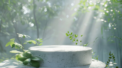 A 3D render of a white stone podium, smooth surface, surrounded by an abstract nature backdrop