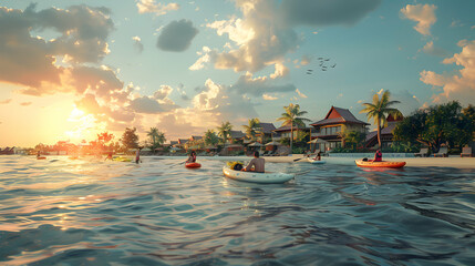 Wall Mural - High Resolution Image of Guests Enjoying Water Sports Activities at Beach Resort: Fun and Adventure Concept