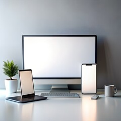 Poster - Realistic set of monitor, laptop, smartphone. 3d devise mockup set vector. Realistic screen layout mockup. 