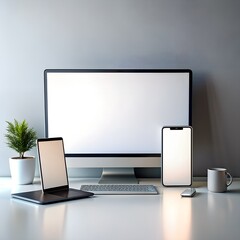 Wall Mural - Realistic set of monitor, laptop, smartphone. 3d devise mockup set vector. Realistic screen layout mockup. 