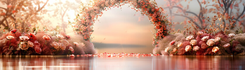 Wall Mural - Exquisite Wedding Arch Setting in High Resolution   Romance and Elegance Captured in a Beautifully Decorated Ceremony Arch with Glossy Backdrop   Photo Realistic Concept