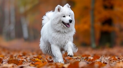   A white dog runs through a wooded area with trees as a backdrop Yellow and orange leaves cover the ground in front
