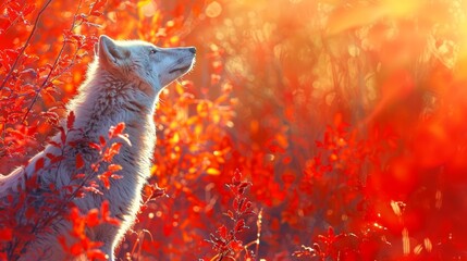 Wall Mural -  A white cat sits in a field, surrounded by red flowers in the foreground Behind it, trees with leaves that let through bright sunlight