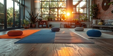 A cozy living room with multiple rugs and cushions scattered on the floor