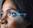 © Barry - Retina scanner for security. Black woman having her eye scanned to authenticate her identity. Close up.