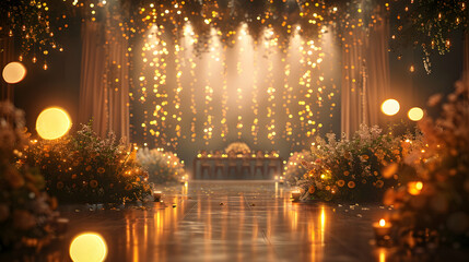 Wall Mural - Photo realistic Wedding reception lighting concept   High resolution image of stunning wedding reception lighting with glossy backdrop highlighting celebration ambiance and decor