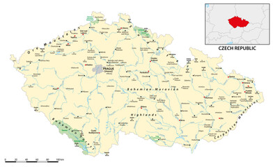 Canvas Print - Detailed physical map of Czech Republic with labeling