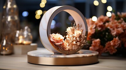 Modern product display on a marble stand against a retail background with blurred bokeh lights, creating a visually appealing presentation with a touch of elegance.