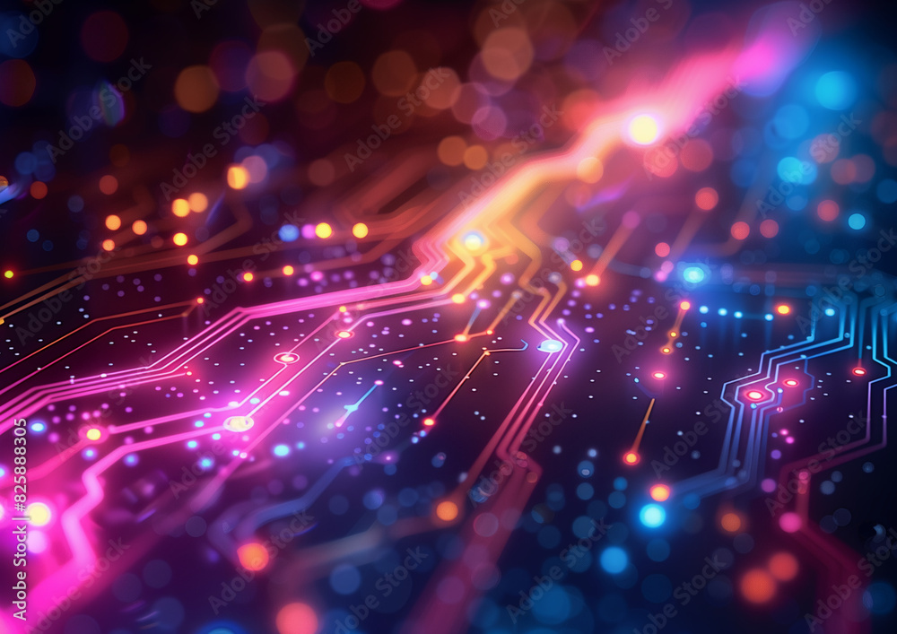 Abstract circuit board pattern with lines and dots in blue, purple ...