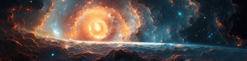Wall Mural - panorama with a black hole, a supernova and a wormhole in galaxy in space in universe