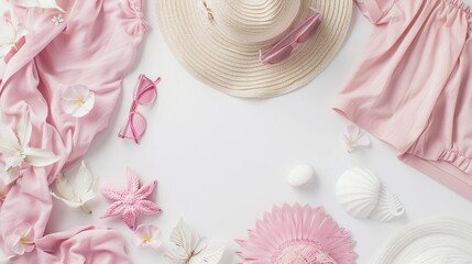 Wall Mural - A pink and white beach scene with a hat, sunglasses, and a flower