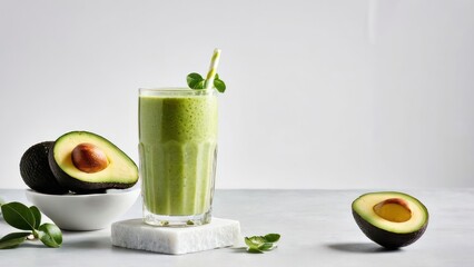 Two Fresh Smoothies, a Glass of Avocado Juice and an Avocado Cut in Half, with Garnish