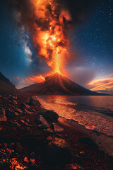 Wall Mural - landscape panorama with active erupting volcano on sea coast against background of starry night sky with Milky way