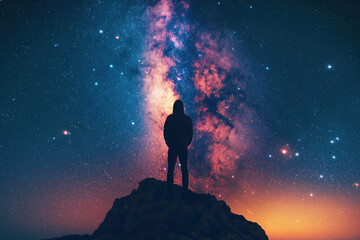 Wall Mural - silhouette of man standing on top of mountain on background of a starry night sky with bright milky 