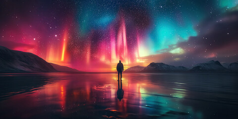 Wall Mural - silhouette of people standing on ice of a lake on the background of bright colorful polar northern l