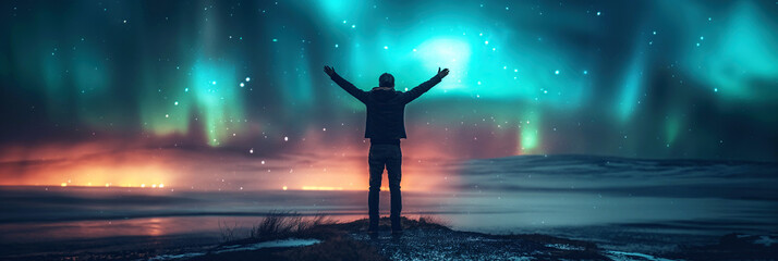 Wall Mural - man standing on background of bright polar northern lights in night starry sky in winter. Landscape panorama