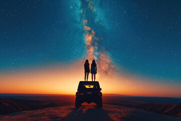 Wall Mural - couple of female travelers stands on roof suv on background of night starry sky with milky way in na