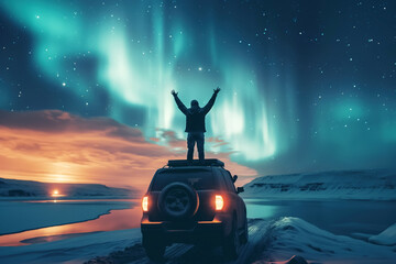 Wall Mural - happy male traveler stand on roof of suv on background of night starry sky with polar northern light