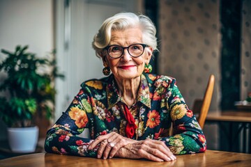 Portrait of a stylish, fashionable elderly woman, a pensioner of 70 years old, wearing glasses and clothes with floral prints. The concept of the elderly.