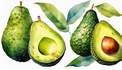 Wall Mural - A set of watercolor illustrations focusing on the smooth texture of avocados, perfect for organic guacamole, Clipart isolated concept minimal with white background