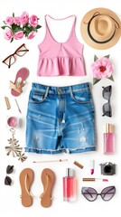 Wall Mural - A collection of clothing and accessories, including a pink top, blue jeans