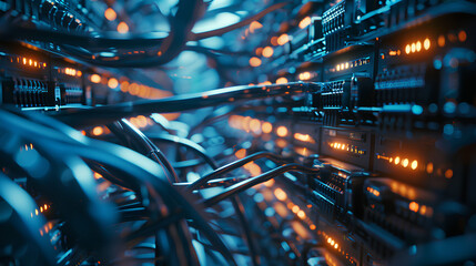 Poster - A backdrop of a server room with network cables and lights, network, dynamic and dramatic compositions, with copy space