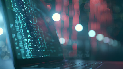 Poster - A close-up on a laptop screen displaying code with cloud service APIs and a blurred background of a modern data center, DevOps, Cloud Technologies, dynamic and dramatic compositions, with copy space