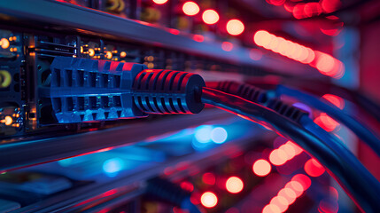 Poster - A backdrop of a server room with network cables and lights, network, dynamic and dramatic compositions, with copy space