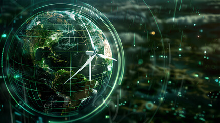 Poster - A digital rendering of Earth with green energy symbols like wind turbines and solar panels, green Planet, dynamic and dramatic compositions, with copy space