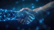 © PBMasterDesign - A human hand shaking hands with a digital, technological hand, symbolizing human-technology collaboration and futuristic innovation.