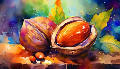 Wall Mural - Detailed watercolor painting of a whole and half nut. Perfect for food illustrations