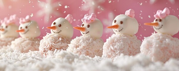 Adorable snowman cake pops with pink bows in a snowy background, perfect for winter or holiday themes and festive celebrations.