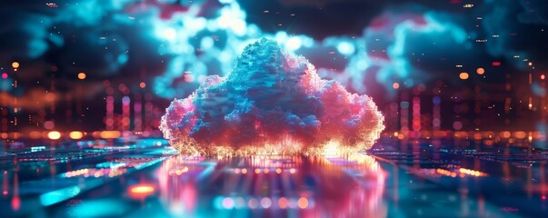 Wall Mural - Futuristic illustration of a glowing cloud illustrating cloud computing technology with vibrant neon lights and a digital network background.