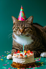 Wall Mural - Cat wearing birthday hat sits in front of cake with candles on it.