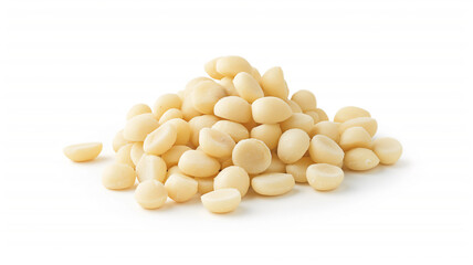 Wall Mural - A pile of macadamia nuts isolated on a white background, showcasing their smooth, round texture.