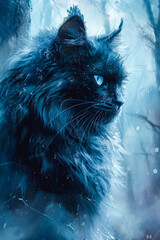 Canvas Print - Cat with blue eyes stares into the distance in blue and white painting.