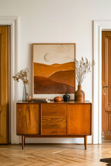 Wall Mural - Wooden dresser with vase and some other decorative items on it.