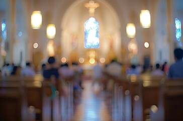 Wall Mural - Blurred background of an empty church with pews, stained glass windows, and a cross, featuring a dreamy bokeh effect to emphasize depth of field, perfect for serene religious settings 