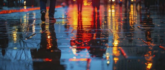 Canvas Print - wet pavement reflection, night city scene with reflections on the street