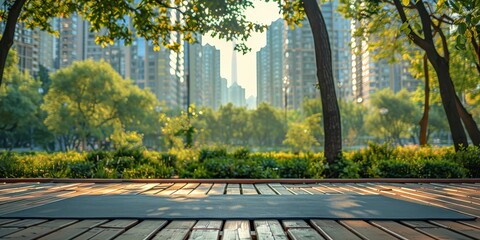 Wall Mural - Wooden deck in a park with trees and buildings in the background