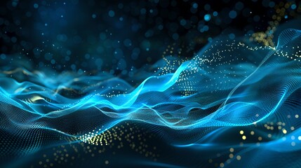 Aufkleber - Abstract Wave of Blue Lights With Sparkling Particles. Technological Background. Digital Artwork. AI