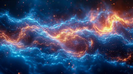 Poster - Abstract blue energy waves from particles of futuristic high-tech glowing background