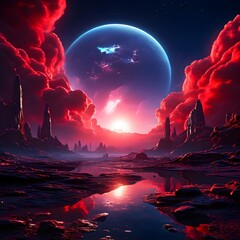 Surreal landscape on a different planet, landscape having red clouds and blue sun