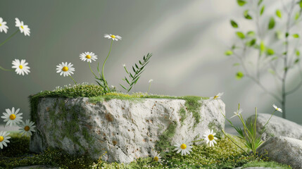 Wall Mural - A minimalist 3D render of a stone podium with several chamomile flowers and green sprigs, set against a light moss background
