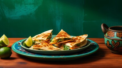 Sticker - Traditional mexican quesadillas on green plate, minimalistic setting on old table