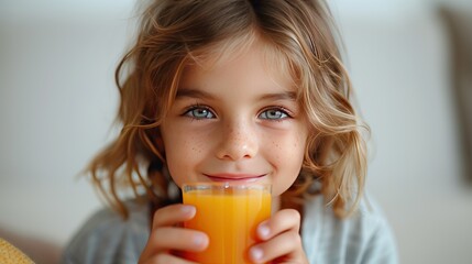  happy little girl drinking orange juice