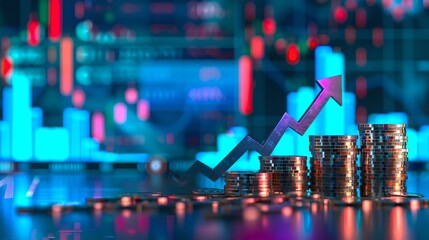 Poster - Ascending graph against a backdrop of financial charts. Concept of growth in stock market. Investment and economy. Financial success illustrated with rising arrow and coin stacks. AI